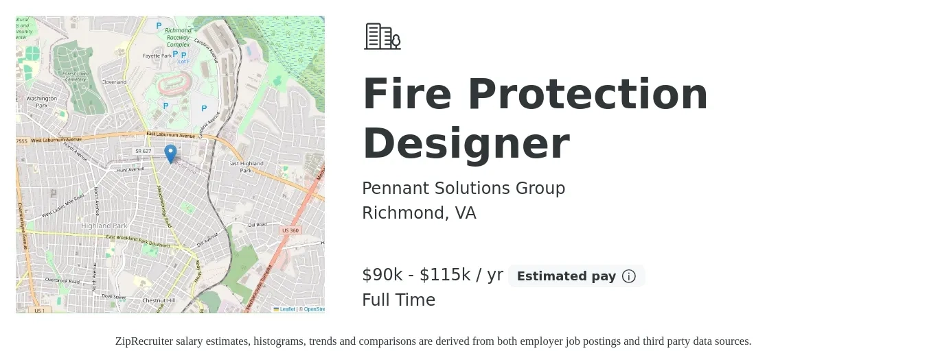 Pennant Solutions Group job posting for a Fire Protection Designer in Richmond, VA with a salary of $90,000 to $115,000 Yearly with a map of Richmond location.