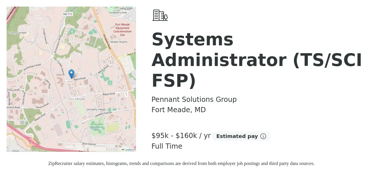 Pennant Solutions Group job posting for a Systems Administrator (TS/SCI FSP) in Fort Meade, MD with a salary of $95,000 to $160,000 Yearly with a map of Fort Meade location.