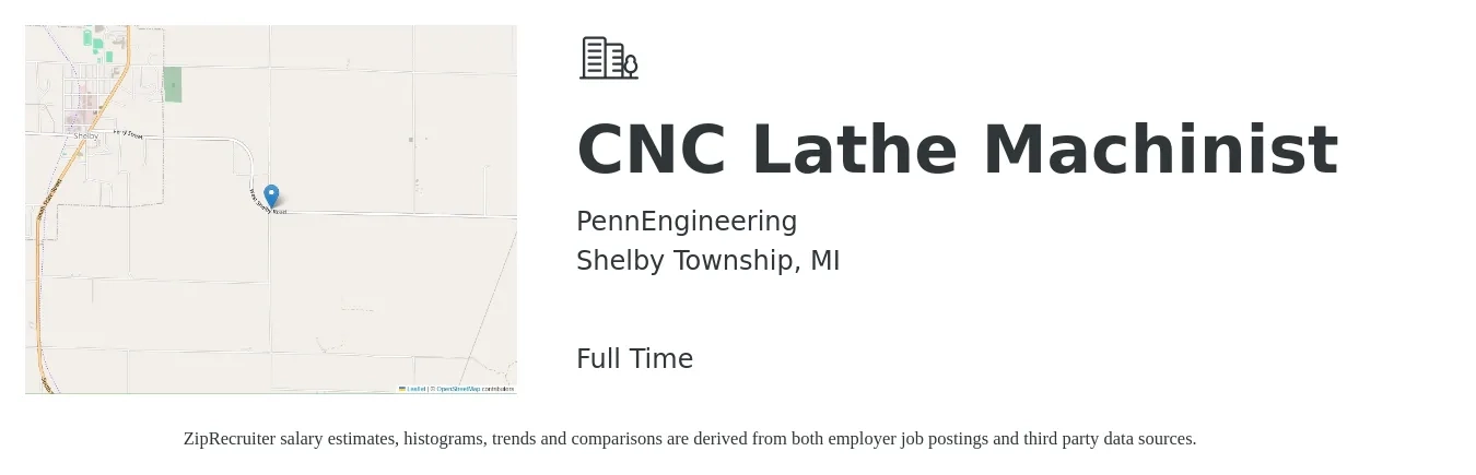 PennEngineering job posting for a CNC Lathe Machinist in Shelby Township, MI with a salary of $24 to $30 Hourly with a map of Shelby Township location.