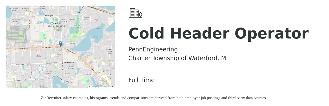PennEngineering job posting for a Cold Header Operator in Charter Township of Waterford, MI with a salary of $28 to $38 Hourly with a map of Charter Township of Waterford location.