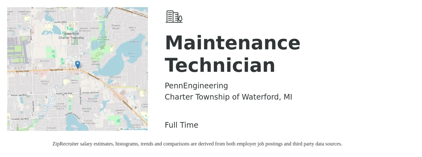 PennEngineering job posting for a Maintenance Technician in Charter Township of Waterford, MI with a salary of $25 to $29 Hourly with a map of Charter Township of Waterford location.