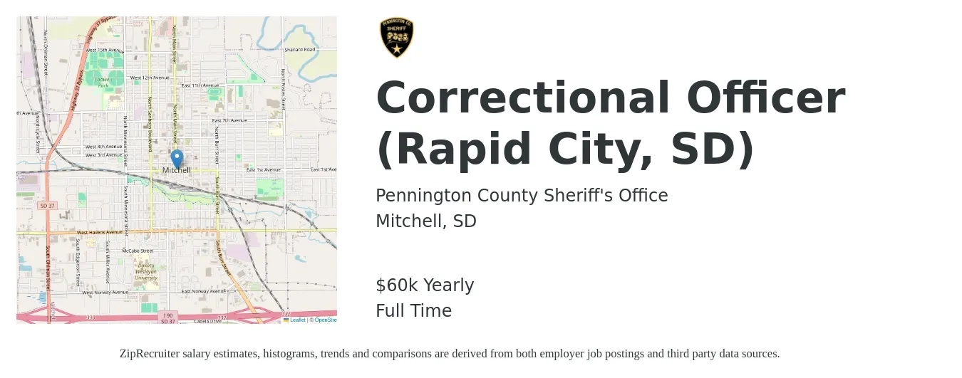 Pennington County Sheriff's Office job posting for a Correctional Officer (Rapid City, SD) in Mitchell, SD with a salary of $60,000 Yearly with a map of Mitchell location.