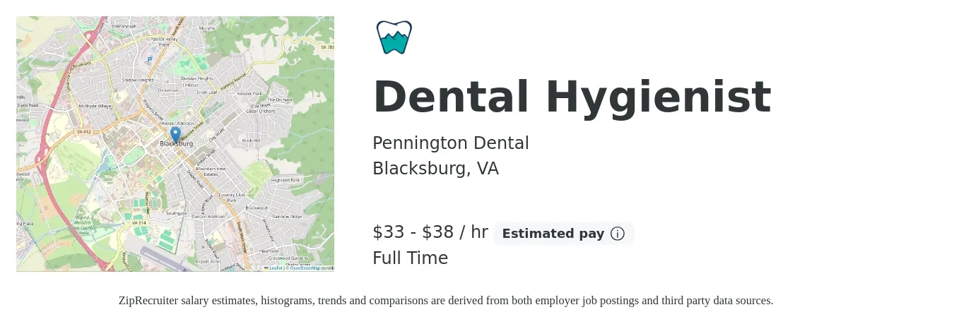 Pennington Dental job posting for a Dental Hygienist in Blacksburg, VA with a salary of $35 to $40 Hourly with a map of Blacksburg location.