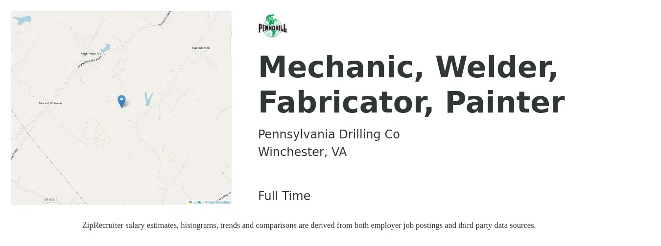 Pennsylvania Drilling Co job posting for a Mechanic, Welder, Fabricator, Painter in Winchester, VA with a salary of $18 to $23 Hourly with a map of Winchester location.