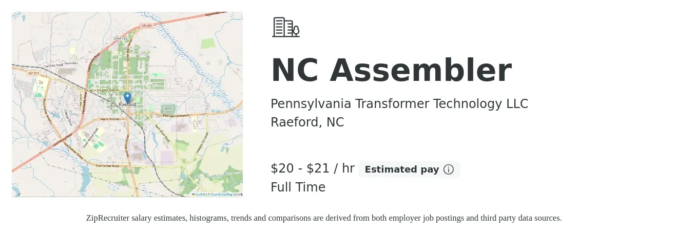 Pennsylvania Transformer Technology LLC job posting for a NC Assembler in Raeford, NC with a salary of $21 to $22 Hourly with a map of Raeford location.