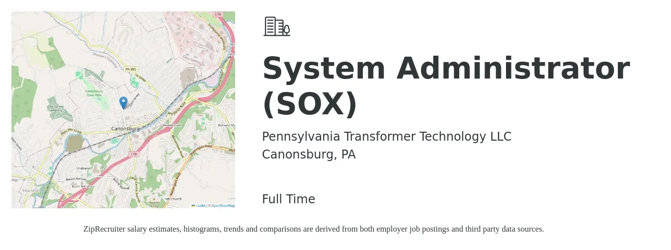 Pennsylvania Transformer Technology Inc job posting for a System Administrator (SOX) in Canonsburg, PA with a salary of $61,600 to $86,800 Yearly with a map of Canonsburg location.
