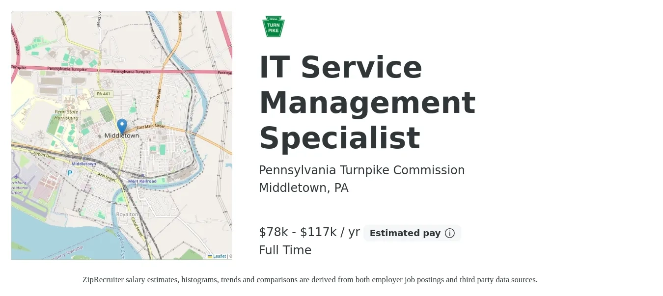 Pennsylvania Turnpike Commission job posting for a IT Service Management Specialist in Middletown, PA with a salary of $78,550 to $117,825 Yearly with a map of Middletown location.
