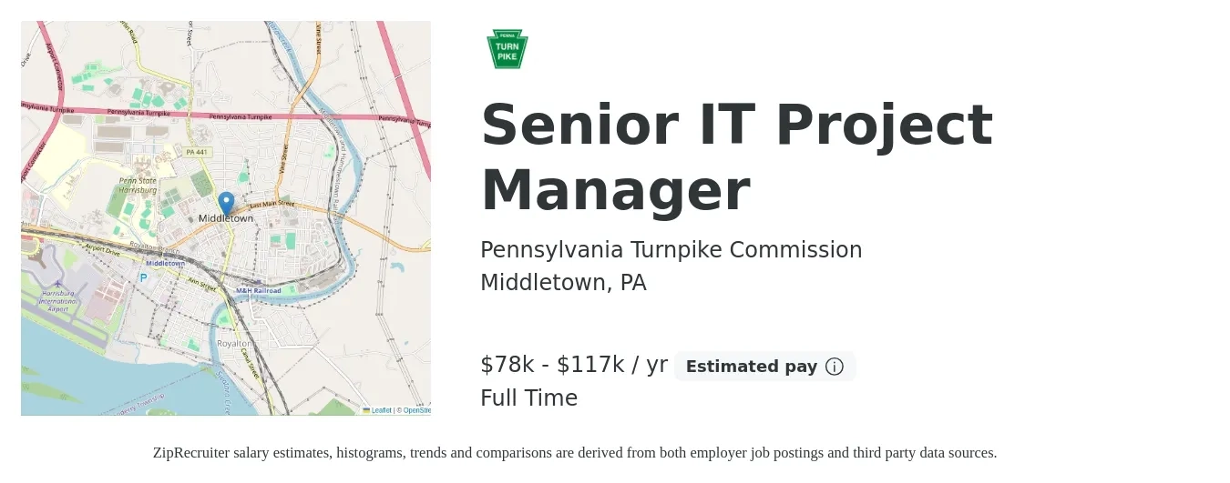 Pennsylvania Turnpike Commission job posting for a Senior IT Project Manager in Middletown, PA with a salary of $78,550 to $117,825 Yearly with a map of Middletown location.