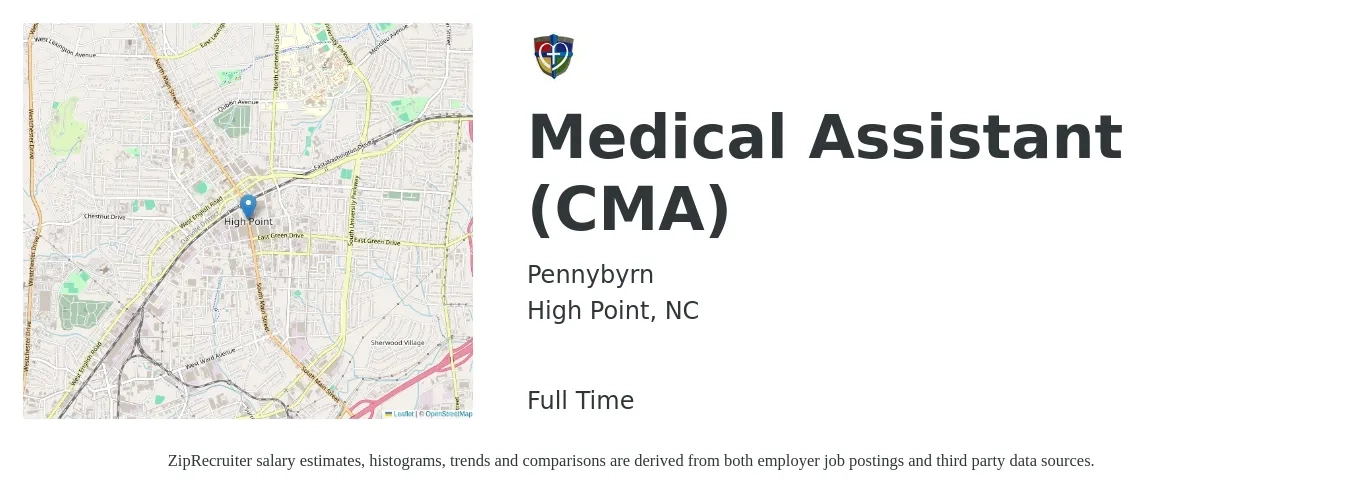 Pennybyrn job posting for a Medical Assistant (CMA) in High Point, NC with a salary of $15 to $20 Hourly with a map of High Point location.