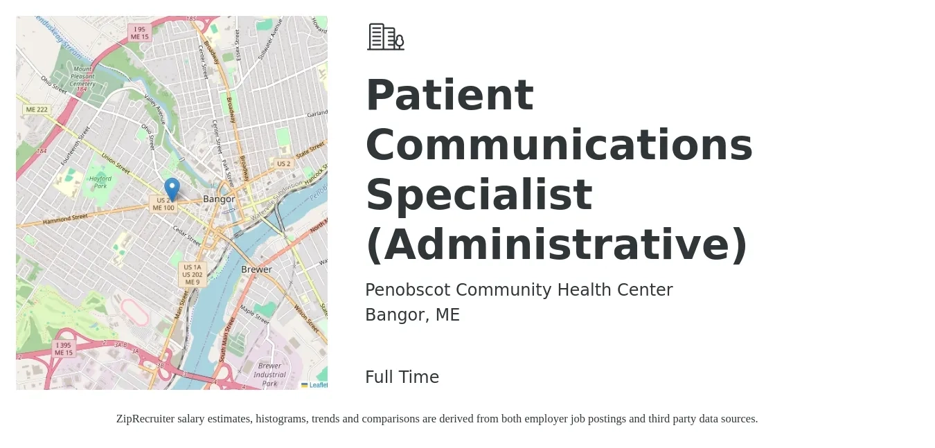 Penobscot Community Health Center job posting for a Patient Communications Specialist (Administrative) in Bangor, ME with a salary of $19 to $26 Hourly with a map of Bangor location.