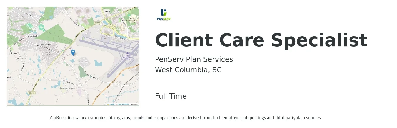 PenServ Plan Services job posting for a Client Care Specialist in West Columbia, SC with a salary of $25 to $26 Hourly with a map of West Columbia location.
