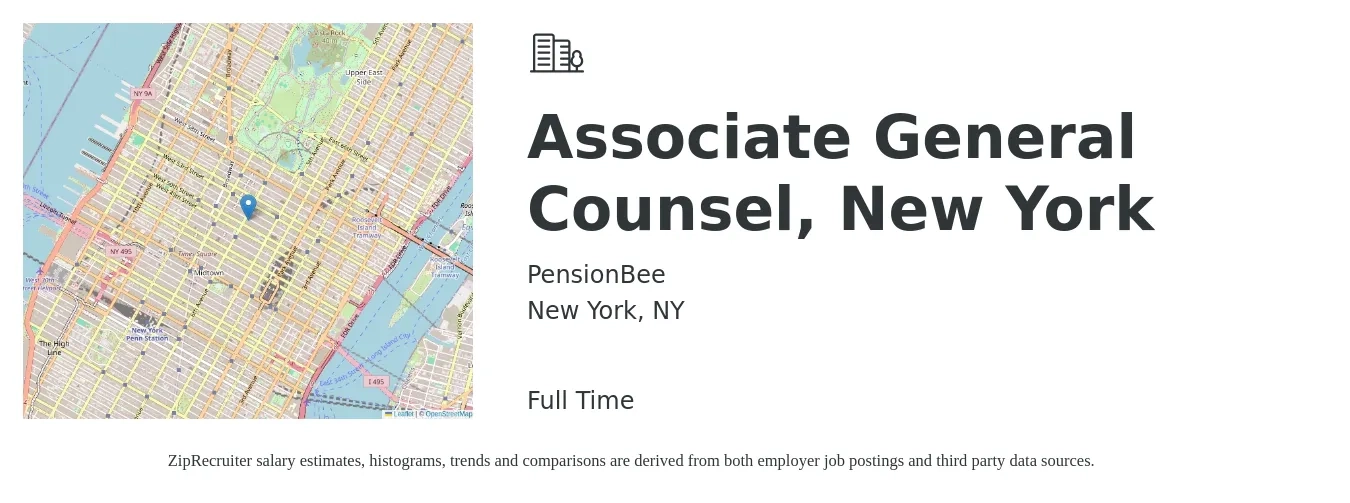 PensionBee job posting for a Associate General Counsel, New York in New York, NY with a salary of $117,600 to $207,900 Yearly with a map of New York location.