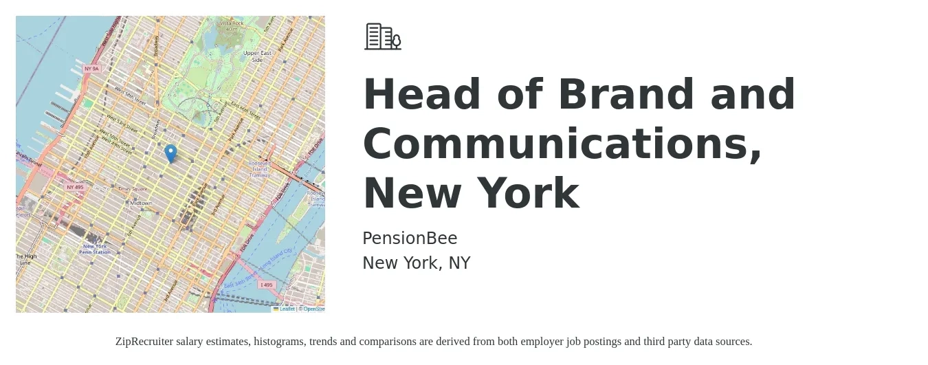 PensionBee job posting for a Head of Brand and Communications, New York in New York, NY with a salary of $72,800 to $124,700 Yearly with a map of New York location.