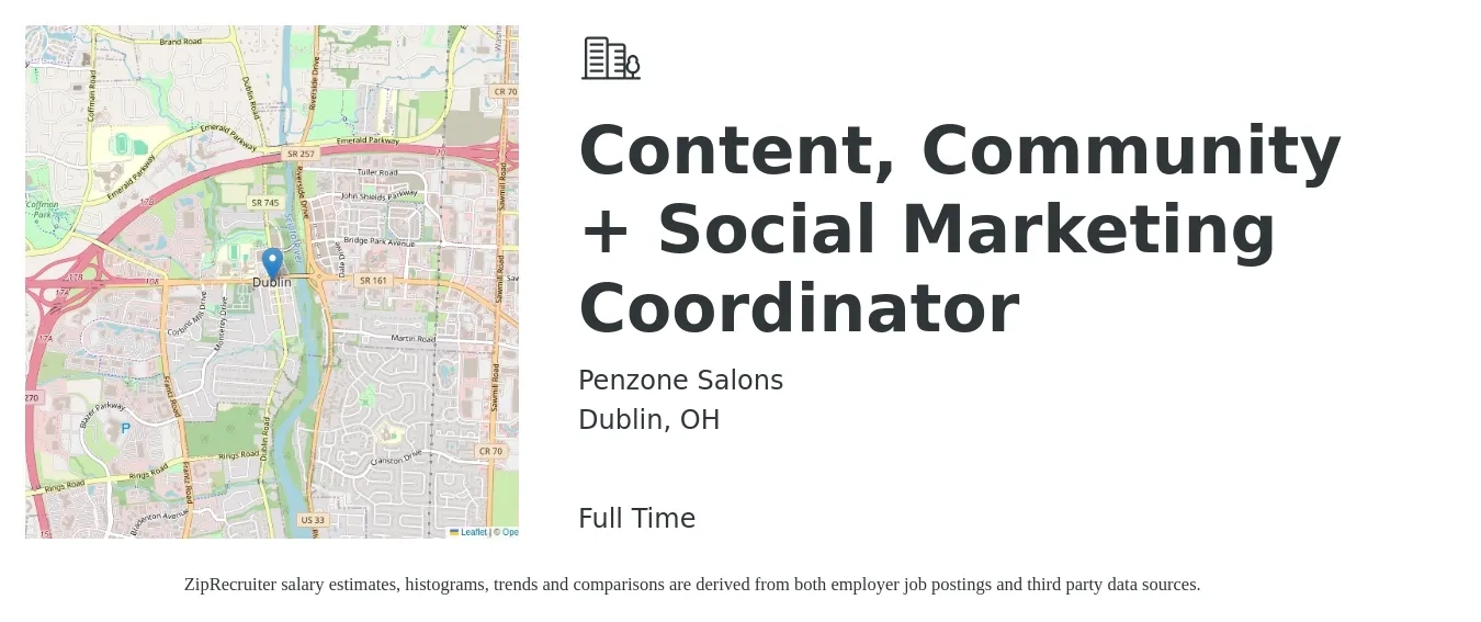 Penzone Salons job posting for a Content, Community + Social Marketing Coordinator in Dublin, OH with a salary of $44,400 to $56,000 Yearly with a map of Dublin location.