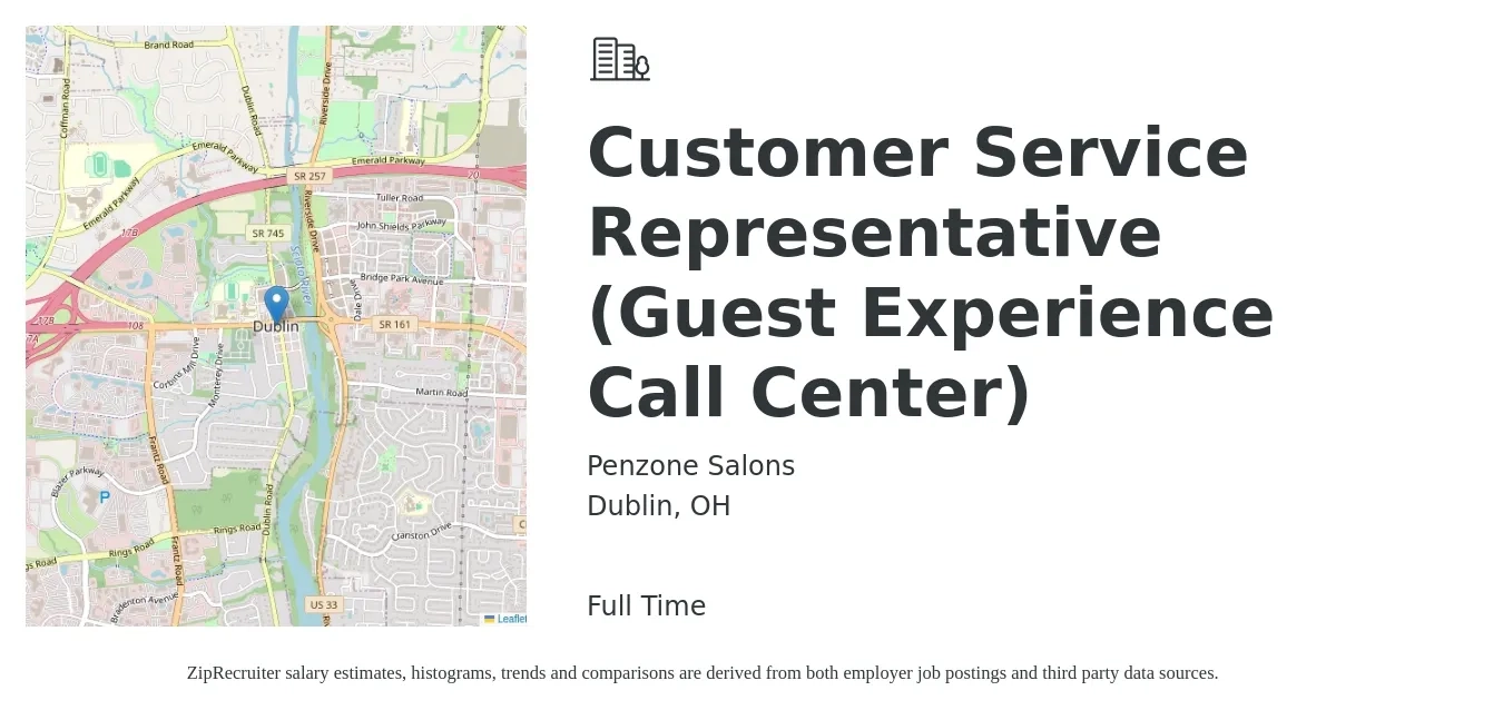 Penzone Salons job posting for a Customer Service Representative (Guest Experience Call Center) in Dublin, OH with a salary of $15 to $19 Hourly with a map of Dublin location.