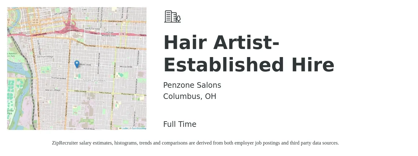 Penzone Salons job posting for a Hair Artist-Established Hire in Columbus, OH with a salary of $16 to $24 Hourly with a map of Columbus location.
