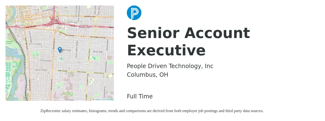 People Driven Technology, Inc job posting for a Senior Account Executive in Columbus, OH with a salary of $72,300 to $110,800 Yearly with a map of Columbus location.