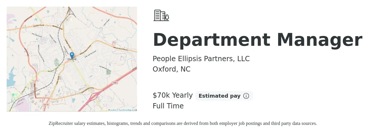 People Ellipsis Partners, LLC job posting for a Department Manager in Oxford, NC with a salary of $70,000 Yearly with a map of Oxford location.