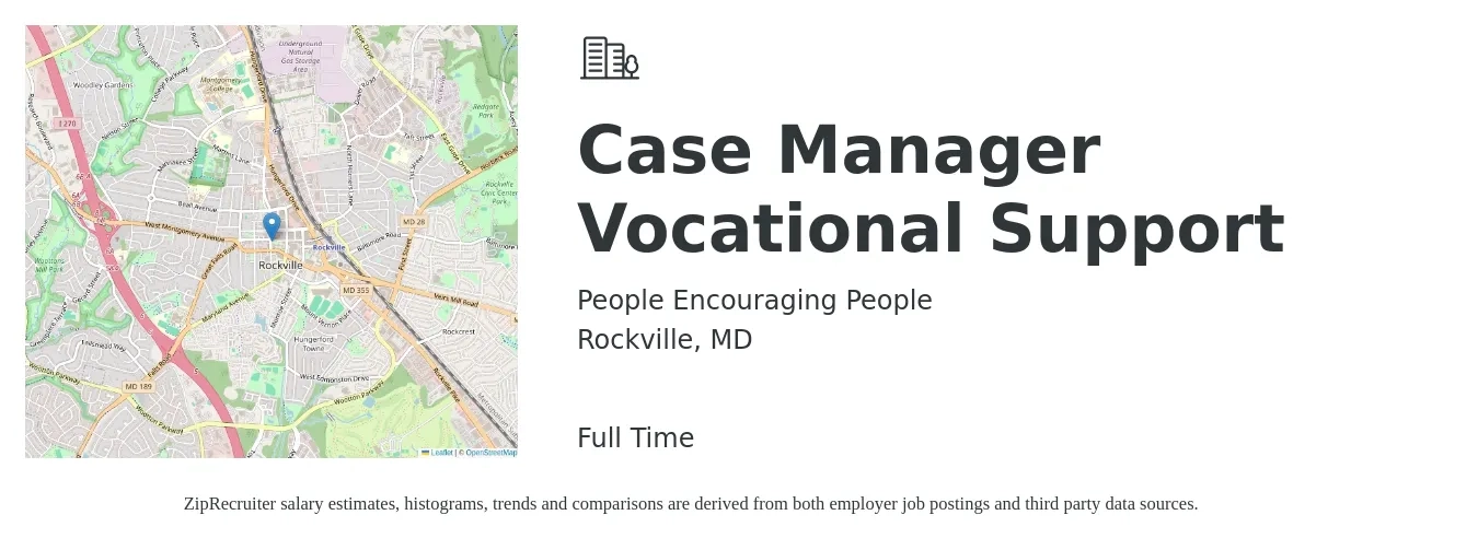 People Encouraging People job posting for a Case Manager Vocational Support in Rockville, MD with a salary of $20 to $25 Hourly with a map of Rockville location.