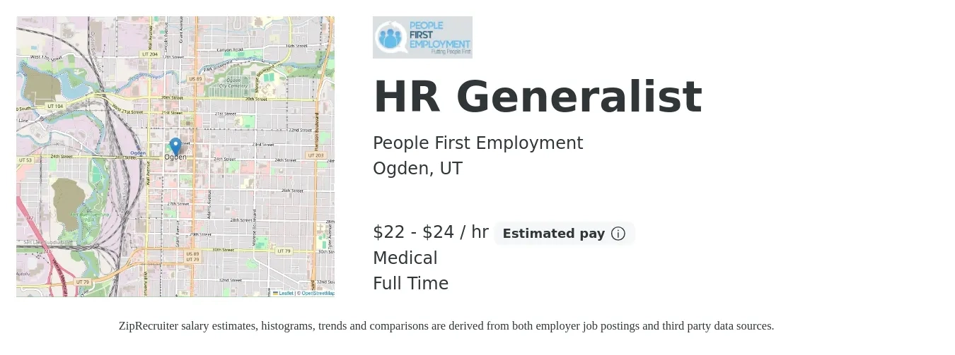 People First Employment job posting for a HR Generalist in Ogden, UT with a salary of $23 to $25 Hourly and benefits including medical with a map of Ogden location.