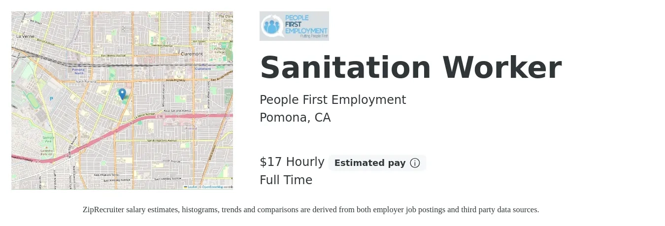 People First Employment job posting for a Sanitation Worker in Pomona, CA with a salary of $18 Hourly with a map of Pomona location.