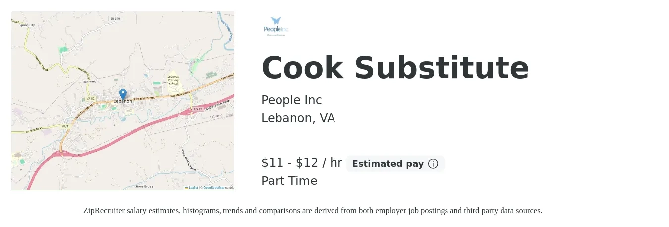 People Inc job posting for a Cook Substitute in Lebanon, VA with a salary of $12 to $12 Hourly with a map of Lebanon location.