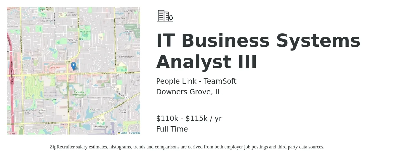 People Link - TeamSoft job posting for a IT Business Systems Analyst III in Downers Grove, IL with a salary of $110,000 to $115,000 Yearly with a map of Downers Grove location.