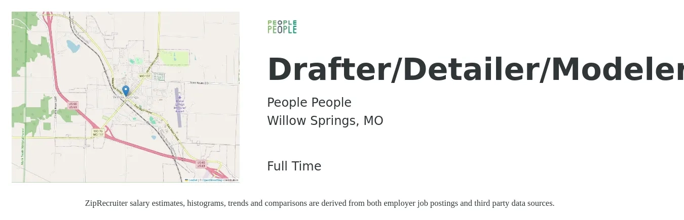 People People job posting for a Drafter/Detailer/Modeler in Willow Springs, MO with a salary of $46,800 to $56,100 Yearly with a map of Willow Springs location.