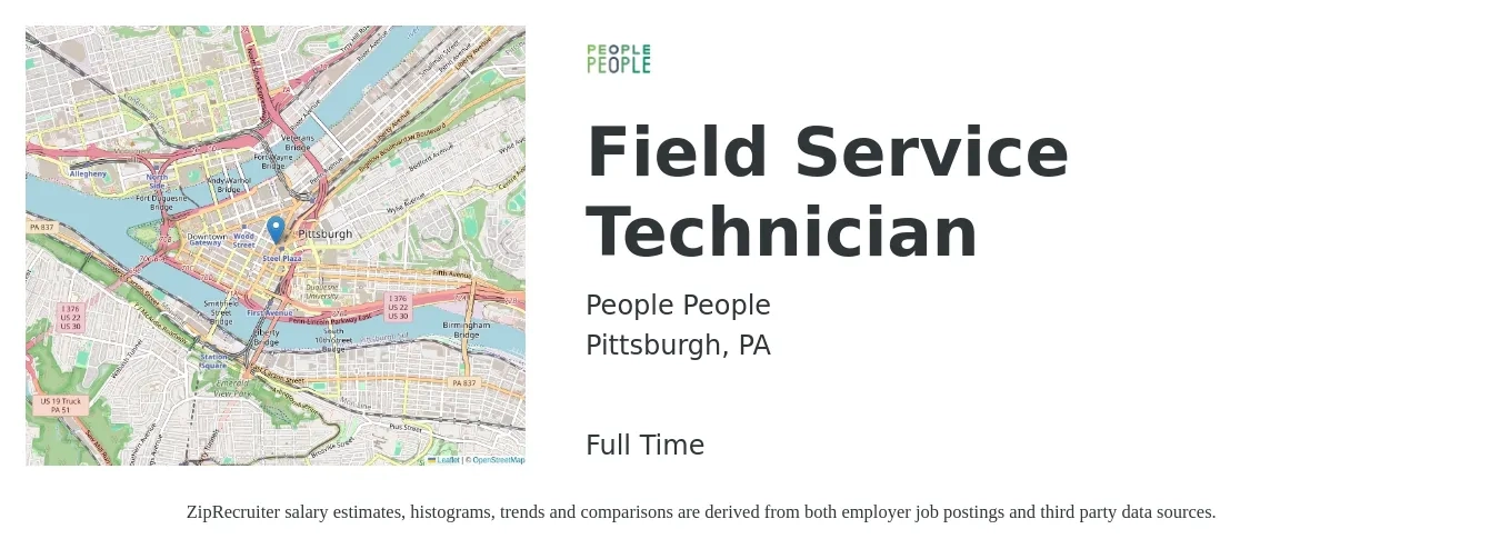 People People job posting for a Field Service Technician in Pittsburgh, PA with a salary of $20 to $29 Hourly with a map of Pittsburgh location.