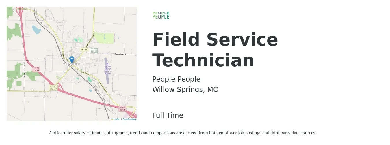 People People job posting for a Field Service Technician in Willow Springs, MO with a salary of $19 to $28 Hourly with a map of Willow Springs location.