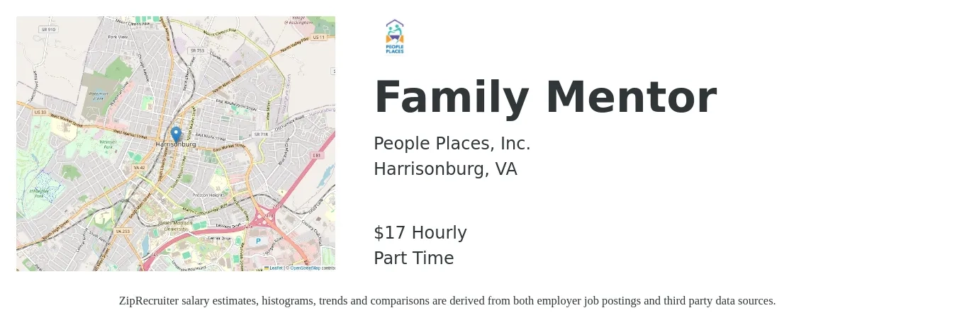 People Places, Inc. job posting for a Family Mentor in Harrisonburg, VA with a salary of $18 Hourly with a map of Harrisonburg location.
