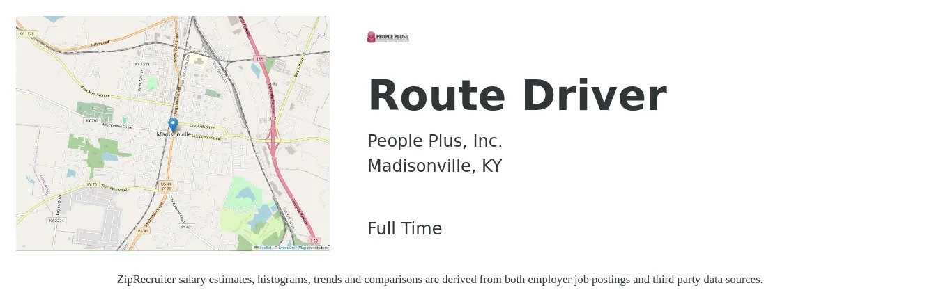 People Plus, Inc. job posting for a Route Driver in Madisonville, KY with a salary of $16 to $21 Hourly with a map of Madisonville location.