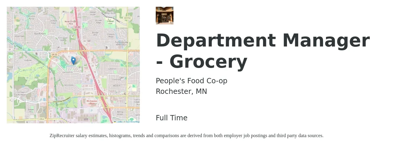 People's Food Co-op job posting for a Department Manager - Grocery in Rochester, MN with a salary of $40,800 Yearly with a map of Rochester location.