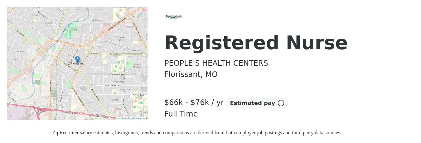 PEOPLE'S HEALTH CENTERS job posting for a Registered Nurse in Florissant, MO with a salary of $66,000 to $76,000 Yearly with a map of Florissant location.