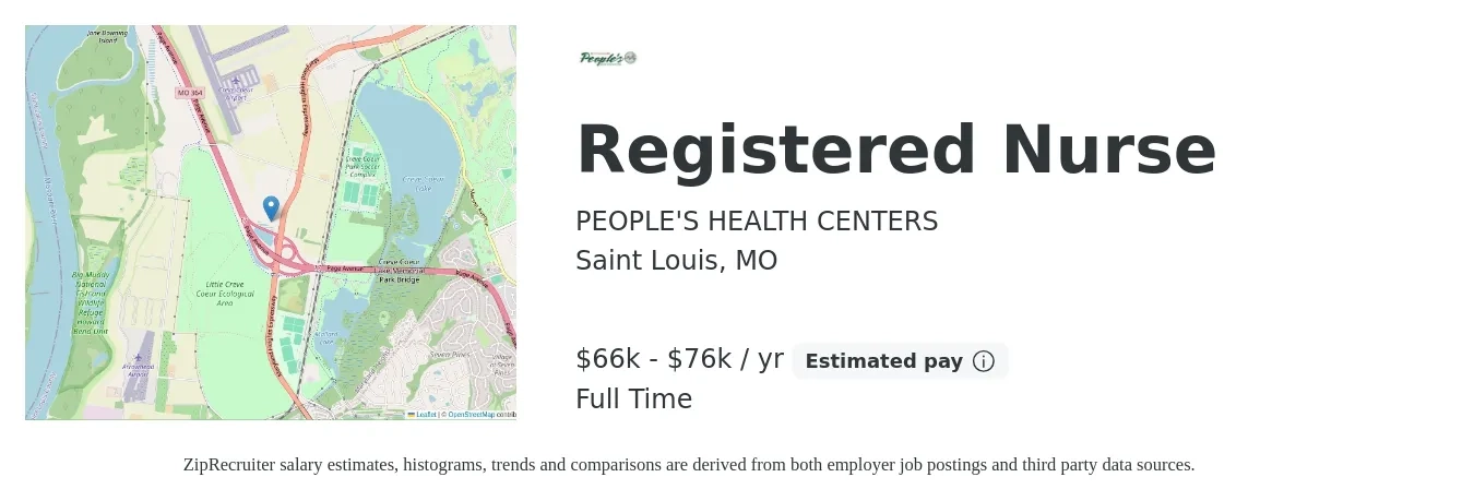 PEOPLE'S HEALTH CENTERS job posting for a Registered Nurse in Saint Louis, MO with a salary of $66,000 to $76,000 Yearly with a map of Saint Louis location.