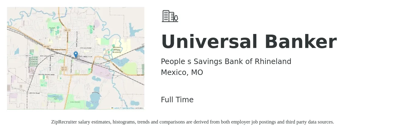 People s Savings Bank of Rhineland job posting for a Universal Banker in Mexico, MO with a salary of $15 to $18 Hourly with a map of Mexico location.