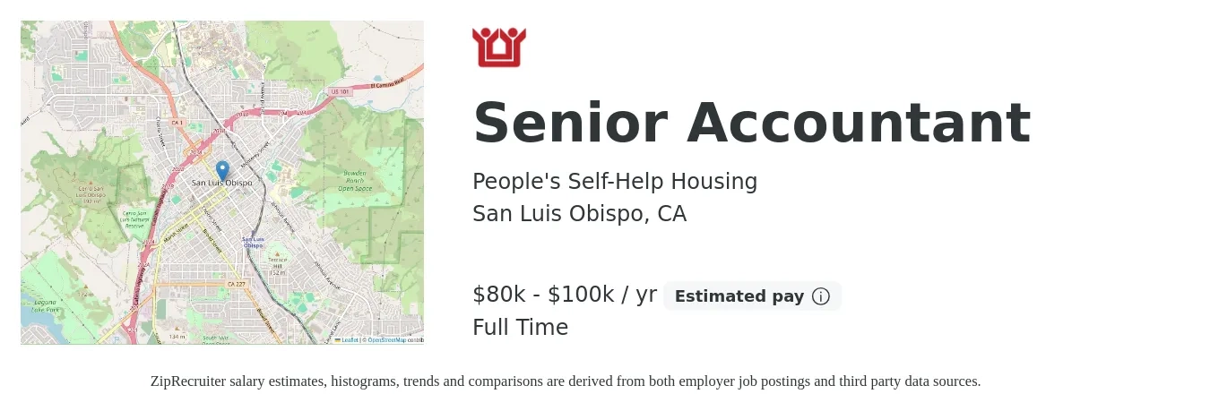 People's Self-Help Housing job posting for a Senior Accountant in San Luis Obispo, CA with a salary of $80,000 to $100,000 Yearly with a map of San Luis Obispo location.