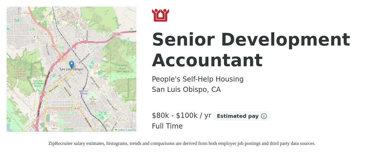 People's Self-Help Housing job posting for a Senior Development Accountant in San Luis Obispo, CA with a salary of $80,000 to $100,000 Yearly with a map of San Luis Obispo location.