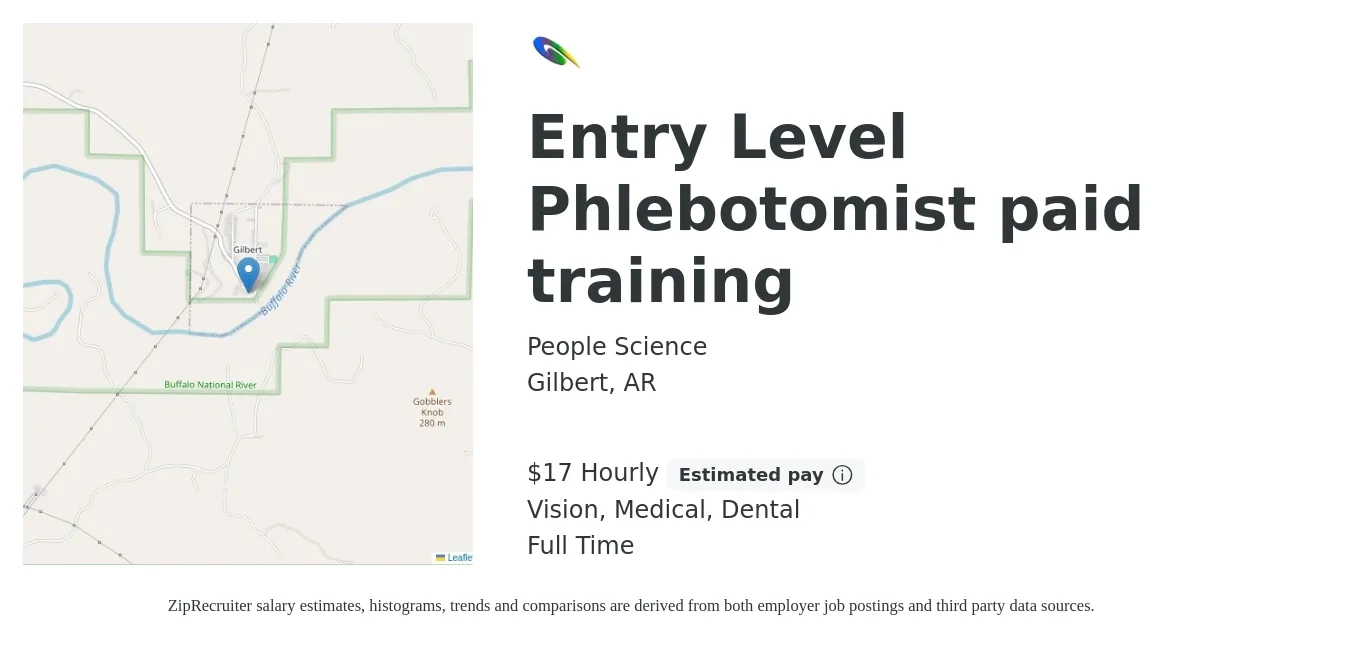 People Science job posting for a Entry Level Phlebotomist paid training in Gilbert, AR with a salary of $18 Hourly and benefits including dental, medical, retirement, and vision with a map of Gilbert location.