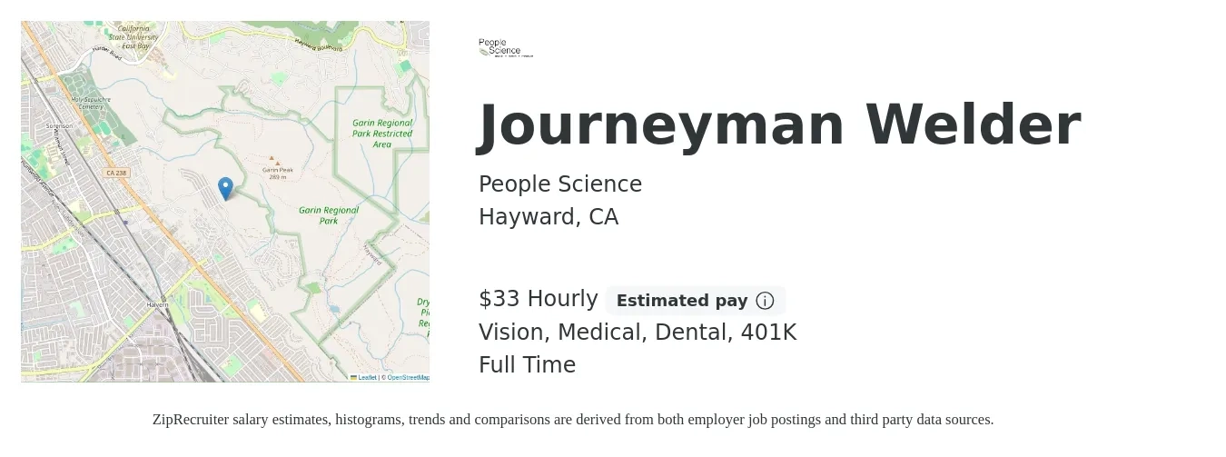 People Science job posting for a Journeyman Welder in Hayward, CA with a salary of $35 Hourly and benefits including 401k, dental, life_insurance, medical, and vision with a map of Hayward location.