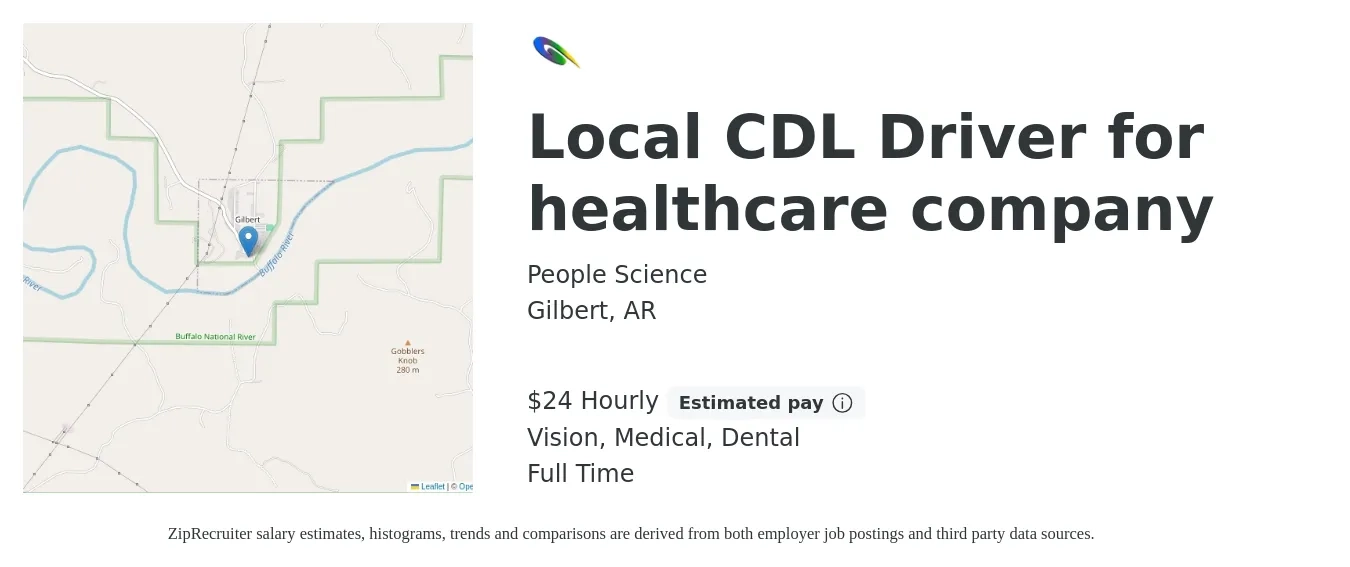 People Science job posting for a Local CDL Driver for healthcare company in Gilbert, AR with a salary of $25 Hourly and benefits including medical, retirement, vision, and dental with a map of Gilbert location.