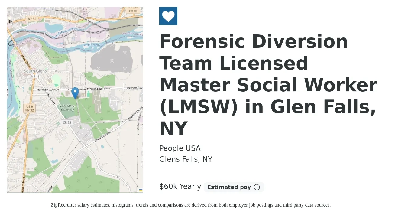 People USA job posting for a Forensic Diversion Team Licensed Master Social Worker (LMSW) in Glen Falls, NY in Glens Falls, NY with a salary of $60,000 Yearly with a map of Glens Falls location.