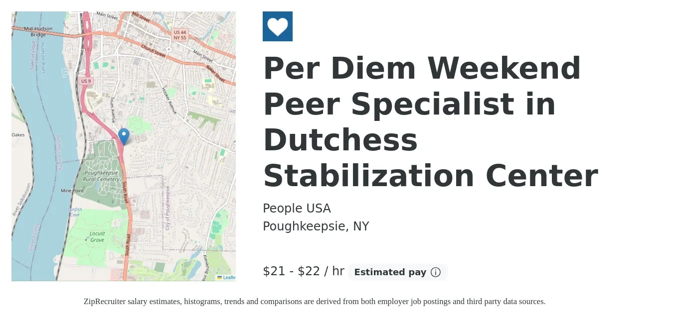 People USA job posting for a Per Diem Weekend Peer Specialist in Dutchess Stabilization Center in Poughkeepsie, NY with a salary of $23 to $24 Hourly with a map of Poughkeepsie location.