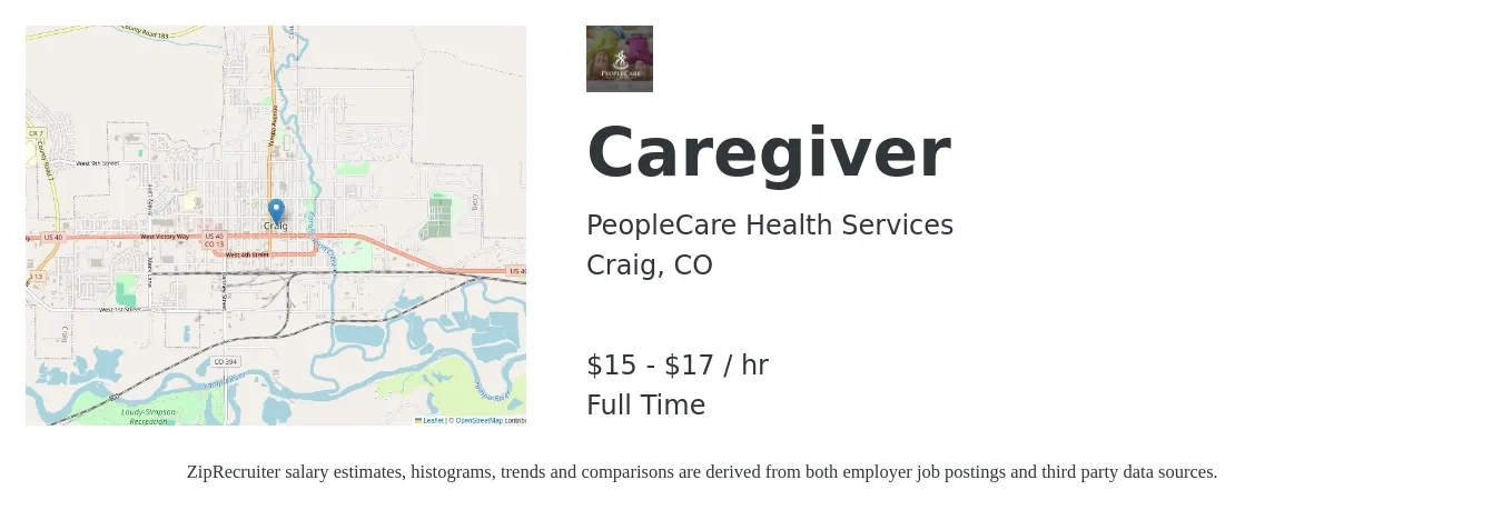 PeopleCare Health Services job posting for a Caregiver in Craig, CO with a salary of $16 to $18 Hourly with a map of Craig location.