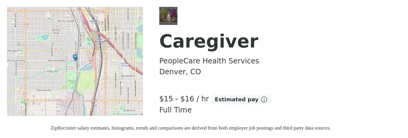 PeopleCare Health Services job posting for a Caregiver in Denver, CO with a salary of $16 to $17 Hourly with a map of Denver location.