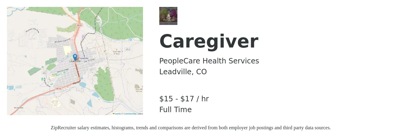 PeopleCare Health Services job posting for a Caregiver in Leadville, CO with a salary of $16 to $18 Hourly with a map of Leadville location.