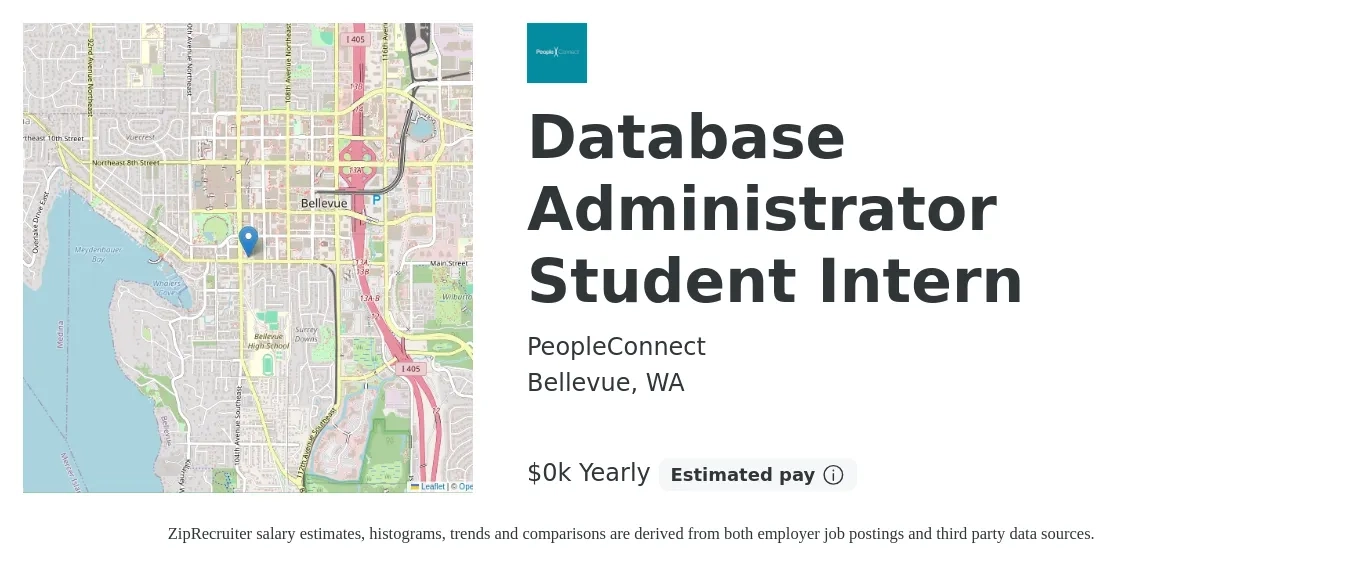 PeopleConnect job posting for a Database Administrator Student Intern in Bellevue, WA with a salary of $18 to $25 Yearly with a map of Bellevue location.