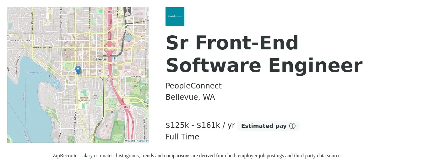 PeopleConnect job posting for a Sr Front-End Software Engineer in Bellevue, WA with a salary of $125,500 to $161,800 Yearly with a map of Bellevue location.