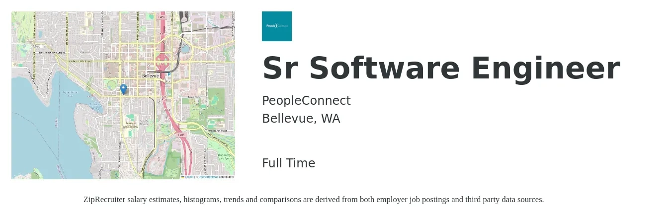 PeopleConnect job posting for a Sr Software Engineer in Bellevue, WA with a salary of $137,500 to $181,300 Yearly with a map of Bellevue location.