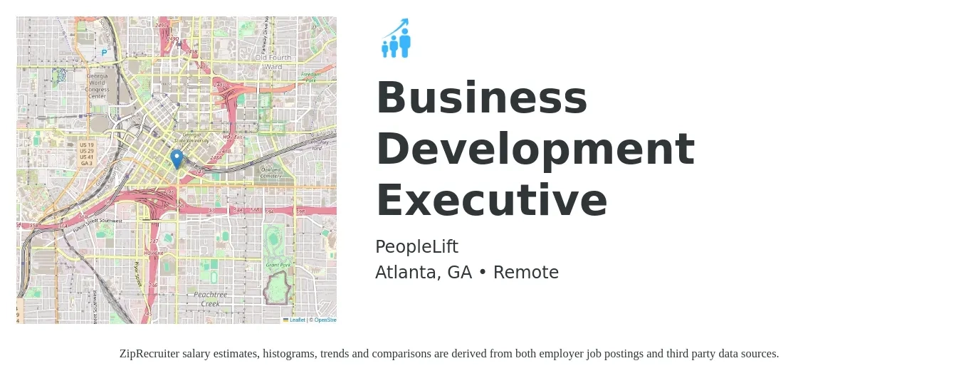 PeopleLift job posting for a Business Development Executive in Atlanta, GA with a salary of $60,600 to $96,200 Yearly with a map of Atlanta location.